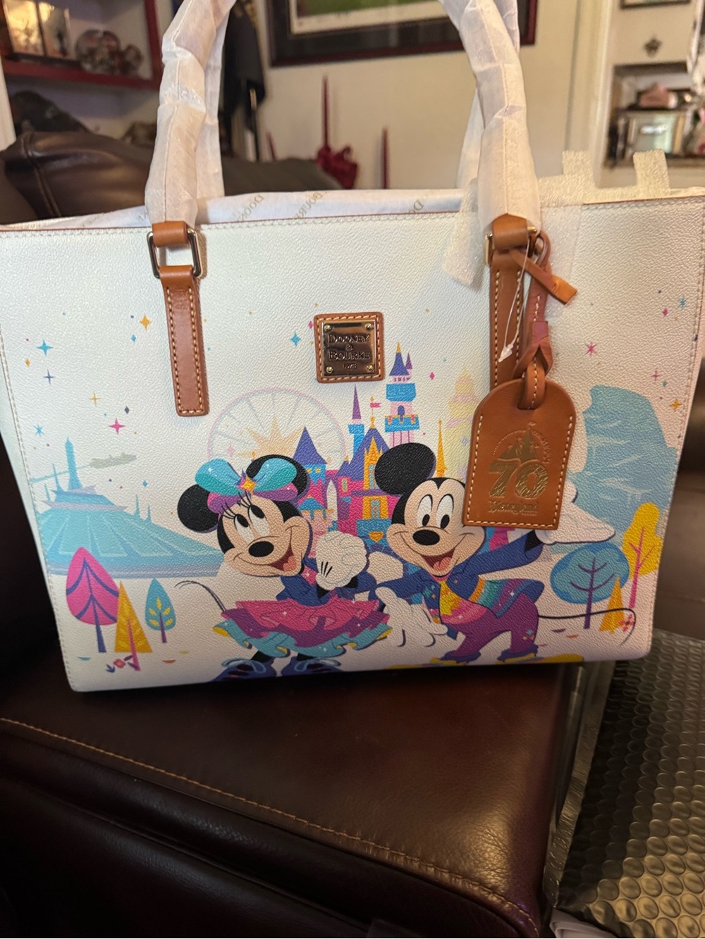 Dooney & Bourke White Disney Mickey & Minnie Parade Tote with Tan Trim - Picture 4 of 7